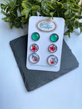 Load image into Gallery viewer, Triple Stud Pack Earrings, Garden Inspired Earring Gift Set, Floral Cabochon Jewellery, Hummingbird Earrings for Ladies, Present for Friend
