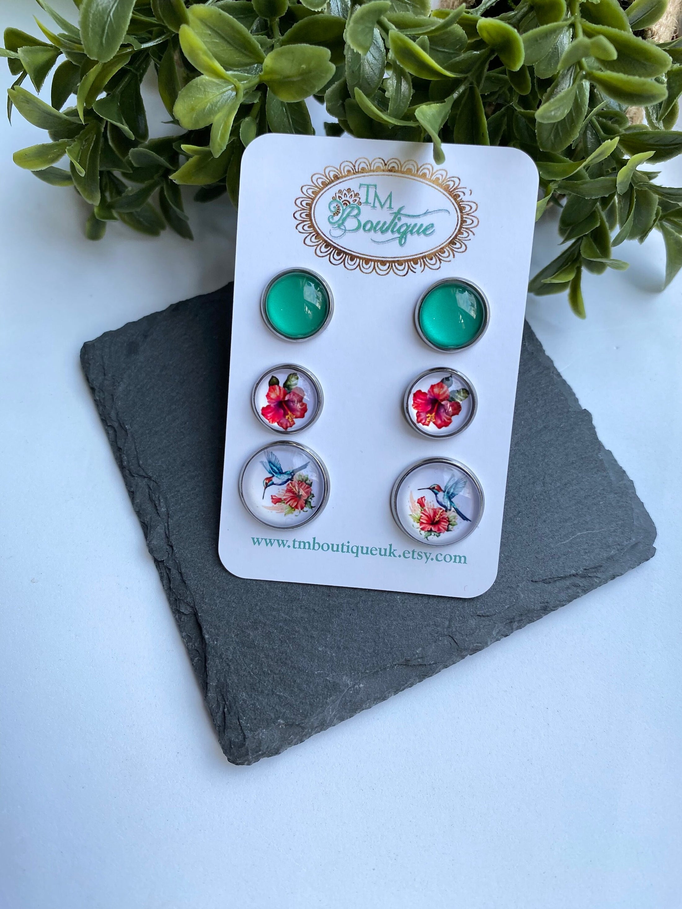 Triple Stud Pack Earrings, Garden Inspired Earring Gift Set, Floral Cabochon Jewellery, Hummingbird Earrings for Ladies, Present for Friend