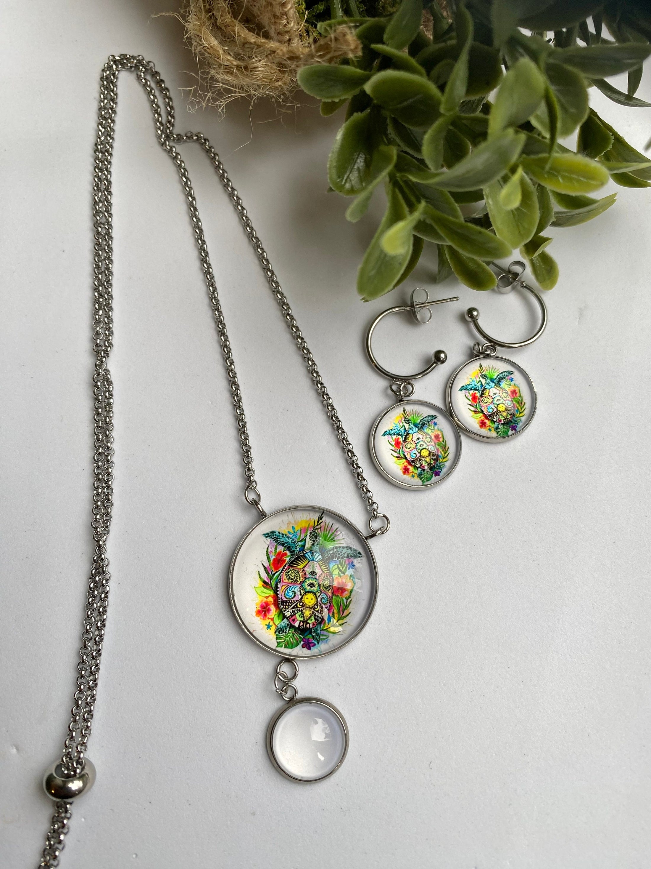 Turtle Earring Necklace Set, Adjustable Necklace, Beach Inspired Photo Jewelry, Turtle Photo Cabochon Set, Cruise Ship Holiday Jewelry