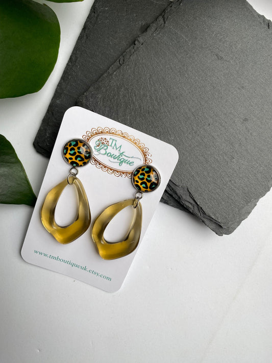 Leopard Print Cabochon Earrings, Yellow Geometric Drop Earrings, Acrylic Pushback Earrings for Pierced Ears, Summer Earrings for Ladies