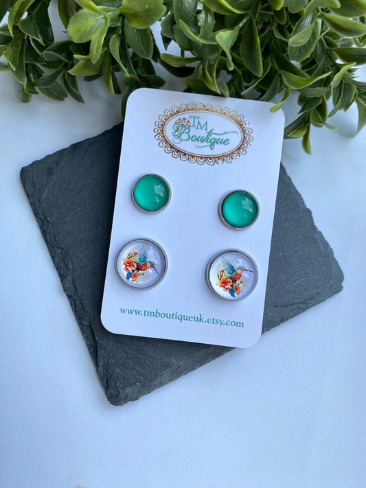 Hummingbird Cabochon Earring Set, Beach Holiday Stud Pack earrings, Double Stud Pack Earrings Set, Colourful Jewelry Gift set for Ladies