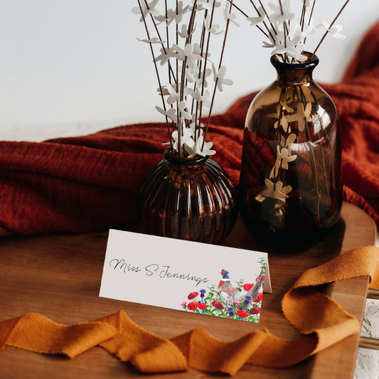 Watercolour Poppy Field Place Cards: Country Wedding Guest Name Plates