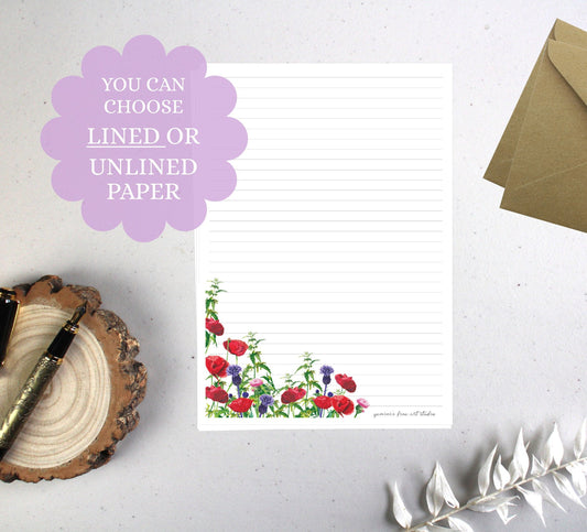 A5 Poppy Field Writing Paper: Lined or Unlined Stationery Gift, Wildflower