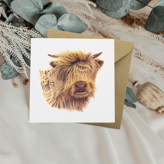 Highland Cow Calf Greetings Card: Watercolour Art, Blank Inside, Any Occasion, Birthday, Father's Day...