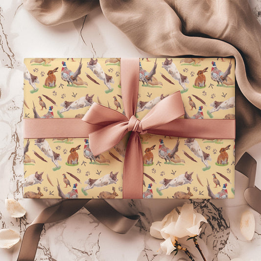 Country Game Gift Wrap: Spaniel, Hare, Pheasant Design - Recyclable, Eco-Friendly Wrapping Paper