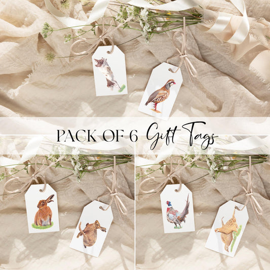 Handmade Country Game Gift Tags: Pheasant, Hare, Spaniel - Set of 6