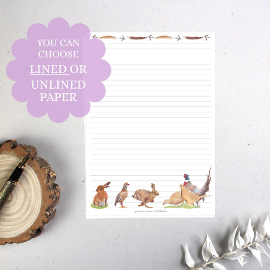 A5 Country Game Letter Writing Paper: Hare, Pheasant, Partridge (Lined or Unlined), Stationery Gift