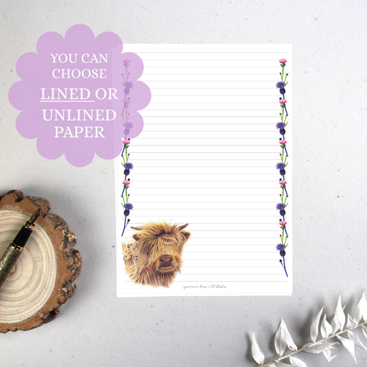 Highland Cow Writing Paper Sheets: A5, Scottish Thistle Design, Stationery Gift, Highland Calf