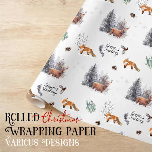 Rolled Christmas Wrapping Paper: Watercolour Fox & Stag, Recyclable, Eco-friendly