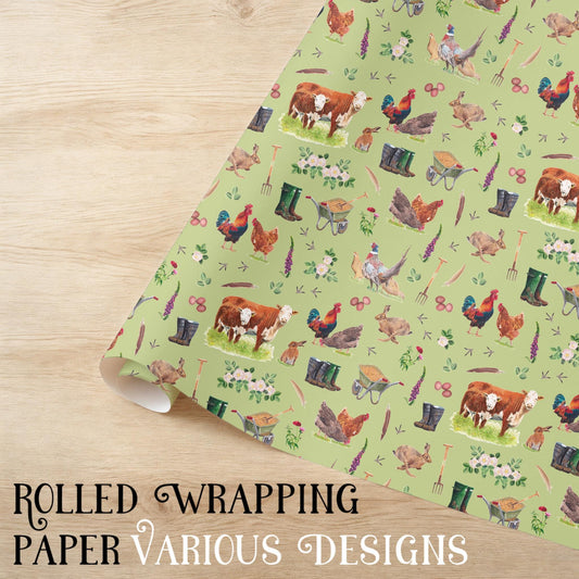 Rolled Wrapping Paper Of Various Designs: Countryside Gift Wrap, Recyclable, Farm Living, Country Game