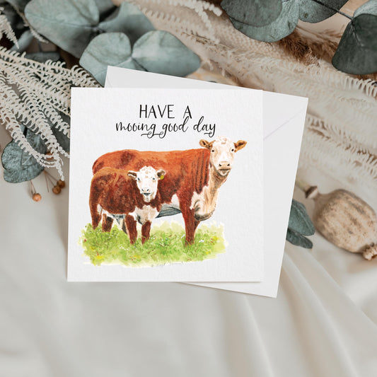 Funny Cow & Calf Watercolour Greetings Card: Blank Card, Any Occasion