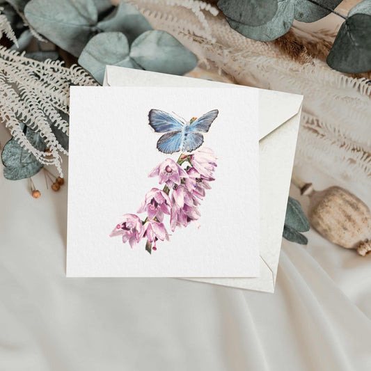 Blue Butterfly Greetings Card: Floral Art, Unique Art Illustration, Any Occasion
