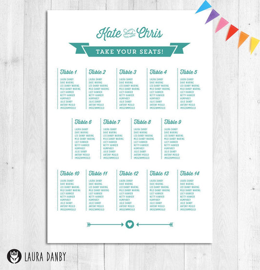 Wedding Table Plan, Party Seating Plan, Retro Styled Party Seat Chart, Rustic Bunting Wedding A2 Seating Poster, 'Take Your Seats'