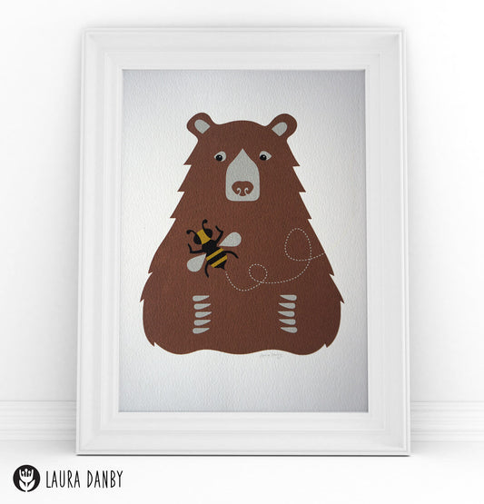 Bear &cBee Print on Watercolour Paper, Animal Woodland Print, Jungle Poster, Scandinavian Kids Design, Teddy Bear Childrens Nursery Bedroom
