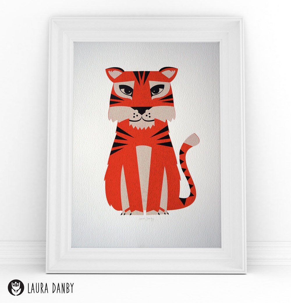 Tiger Print, Tiger Poster, Jungle Animal Screen Print, Scandinavian Kids Design, Childrens Nursery Wall Art, Gift for Kids, Retro Tiger Gift