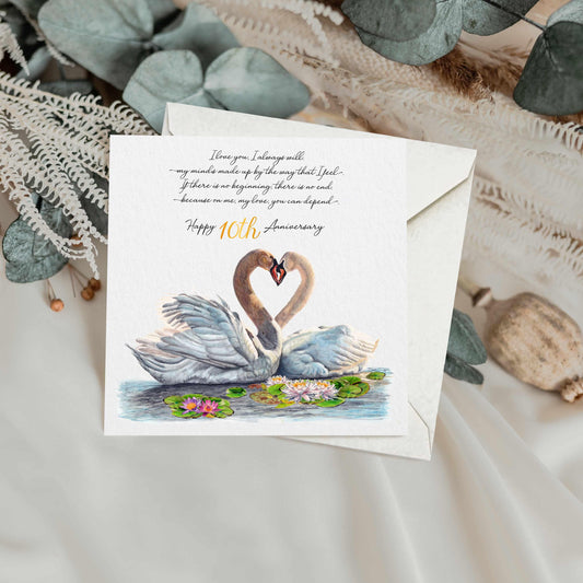 Swans in Love Anniversary Card: Watercolour Art, Recycled Silk, Personalised