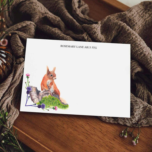 Red Squirrel Notecards in a Pack of 8, 20 or 40, Scottish Thistle, Personalised Stationery