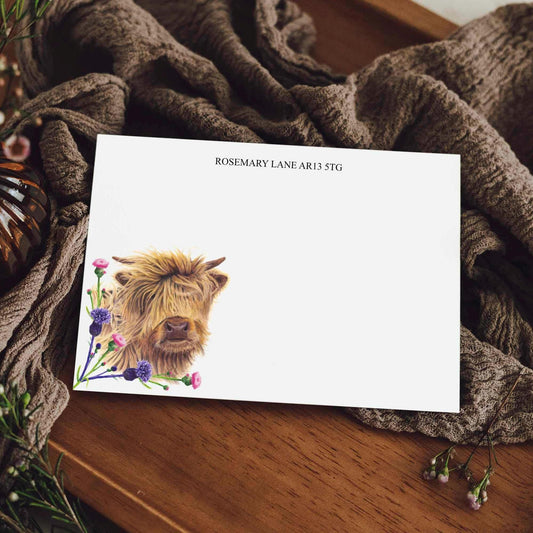 Highland Cow Notecards/Place Cards: Scottish Calf with Thistles, Thank You Cards, Correspondence