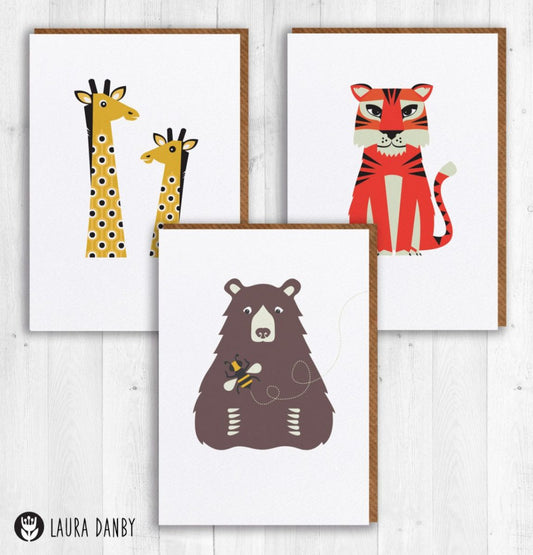 Animal Greeting Cards, Set of 3 A6 Jungle Birthday Cards, Giraffe, Tiger, Bear & Bee, Note Card, Children Kids, Scandinavian Retro Design