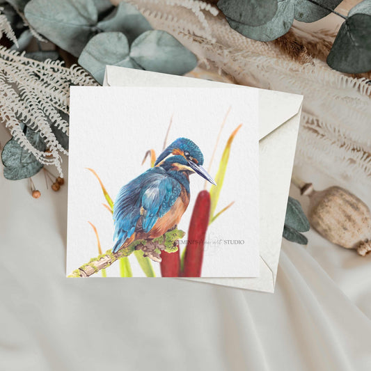 Kingfisher Greetings Card: Original Wildlife Art, Recycled Silk, Any Occasion