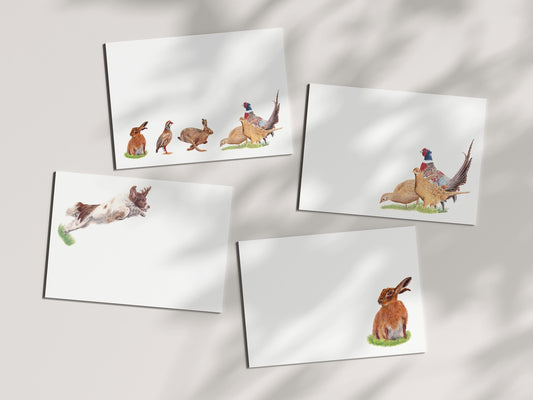 Country Game Notecards/Place Cards: Pheasant, Hare, Spaniel - Watercolour Art