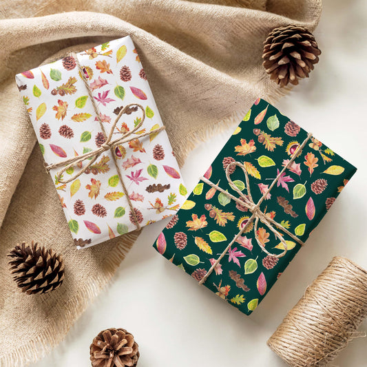 Folded Autumn Leaves Wrapping Paper: Green & White - Watercolour, Acorns, Recyclable, Eco-Friendly, Fall Gift Wrap