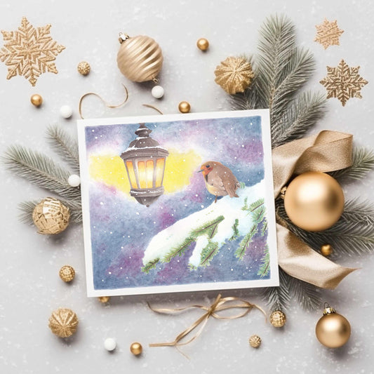 Watercolour Robin Christmas Card, Snowy Winter Scene, Xmas Card