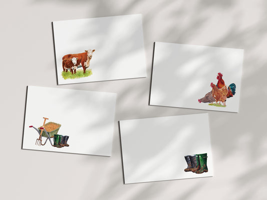Farm Living Notecards/Place Cards: Cow & Calf, Wheelbarrow, Boots - Watercolour Art