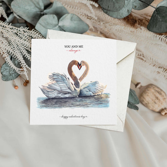 Swans in Love Valentine's Card: Watercolour Art, Heart