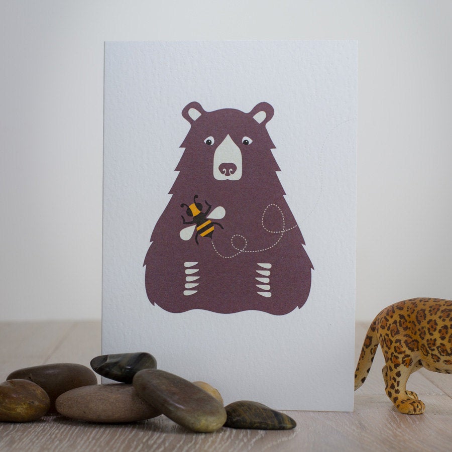 Bear & Bee Card. Animal Greeting Card. Bear Birthday Card. Jungle Childrens Card. Teddy Bear Blank Card. Retro Birthday Card. Woodland Card.