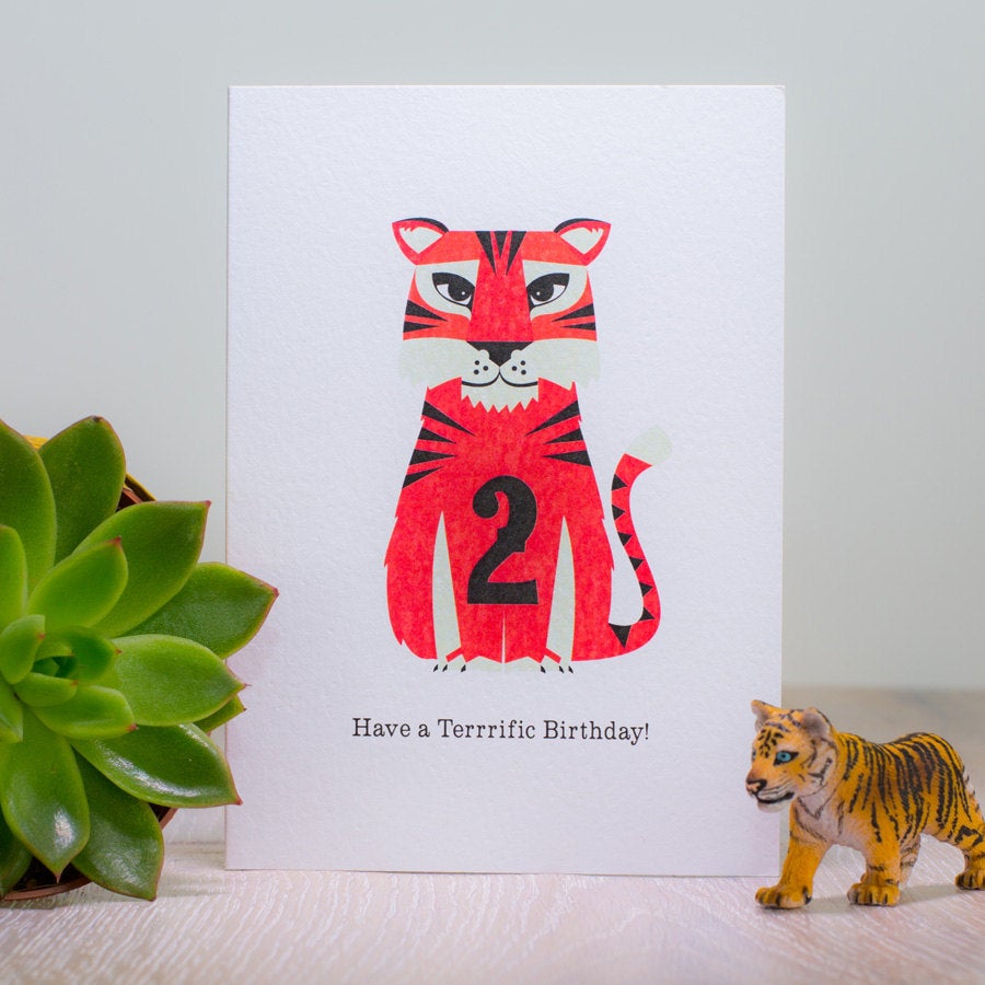 Tiger Second Birthday Card, Children Age 2 Two, Kids Animal Jungle Birthday Card, Bold Bright Tiger Retro Scandinavian greetings card
