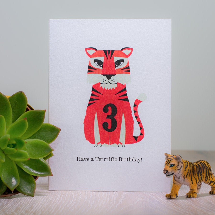 Tiger Third Birthday Card, Children Age 3 Three, Kids Animal Jungle Birthday Card, Bold Bright Tiger Retro Scandinavian greetings card