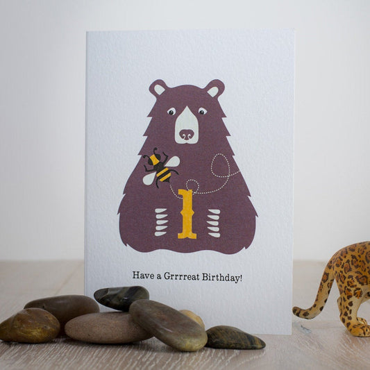 Bear & Bee First Birthday Card, Age One 1 Childrens Teddy Bear Greeting Card, 1st Birthday Animal Card, Kids Jungle Birthday Card