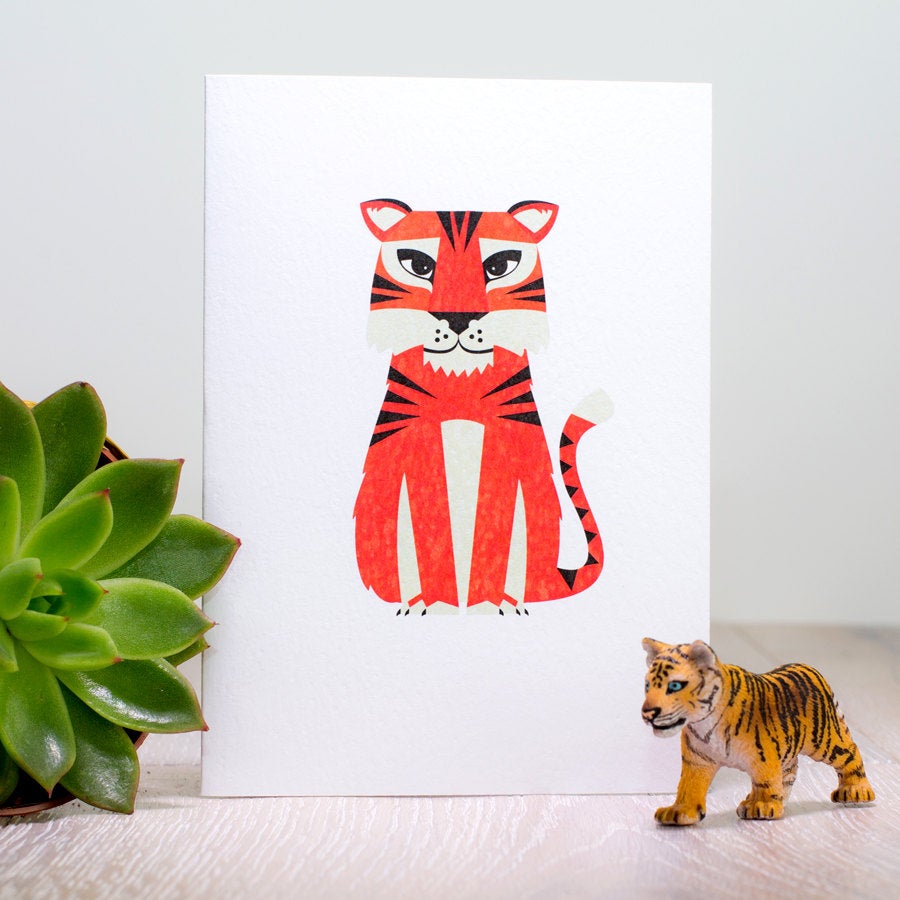Tiger Birthday Card. Tiger Greeting Card. Animal Card. Childrens Jungle Card. A6 Orange & Black. Scandinavian Design. Kids Tiger Blank Card
