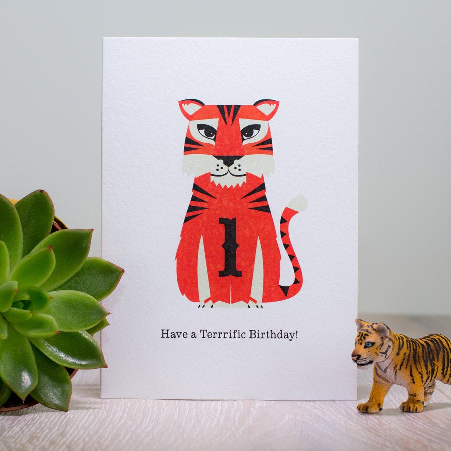 Tiger First Birthday Card, Children Age 1 One, Kids Animal Jungle Birthday Card, Bold Bright Tiger Retro Scandinavian greetings card