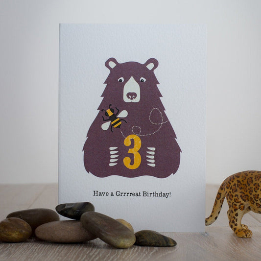 Bear & Bee Third Birthday Card, Age Three 3 Childrens Teddy Bear Greeting Card, 3rd Birthday Animal Card, Kids Jungle Birthday Card