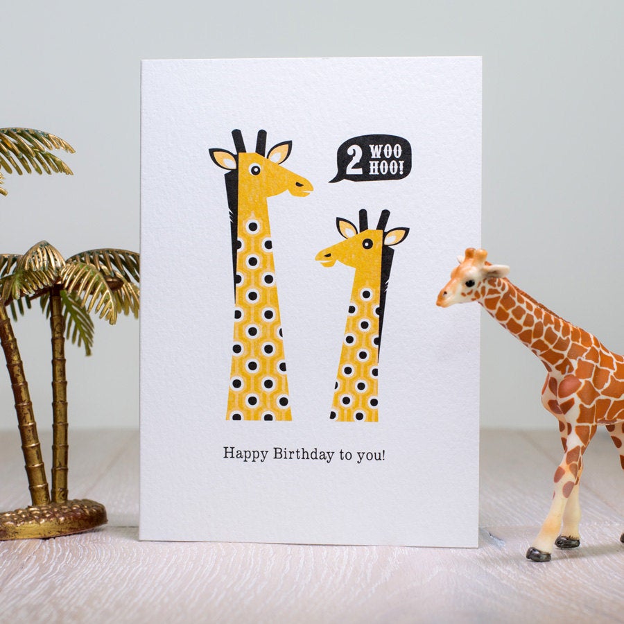 Giraffe Second Birthday Card, 2nd Childrens Birthday Card, Age Two 2 Animal Jungle Birthday Card, Kids Retro Scandinavian Geometric Design