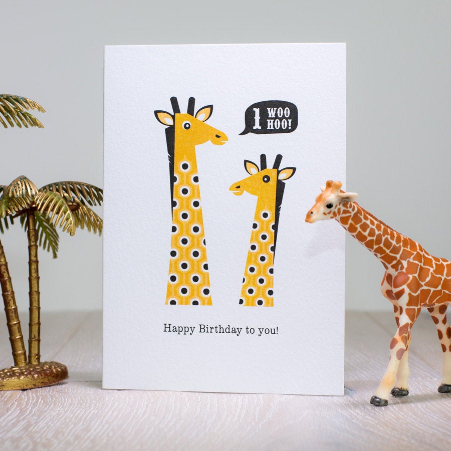 Giraffe First Birthday Card, 1st Childrens Birthday Card, Age One Animal Jungle Birthday Card, Kids Retro Scandinavian Geometric Design