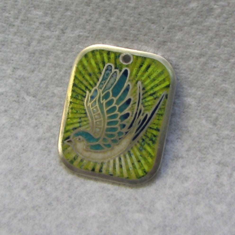 Swallow of hope vitreous enamelled sterling silver oblong pendant