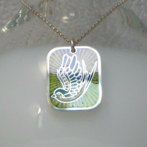 Swallow of hope vitreous enamelled sterling silver oblong pendant