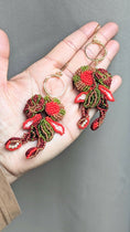 Load image into Gallery viewer, Red Green & Gold Statement Beaded Indian Boho Earrings
