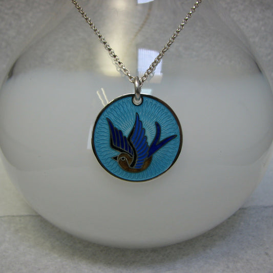 Swallow of hope vitreous enamelled sterling silver round pendant 26mm & earrings