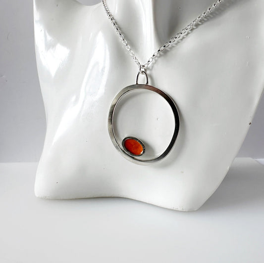 Silver Circle Pendant with Enamelled Oval in Orange - MaisyPlum