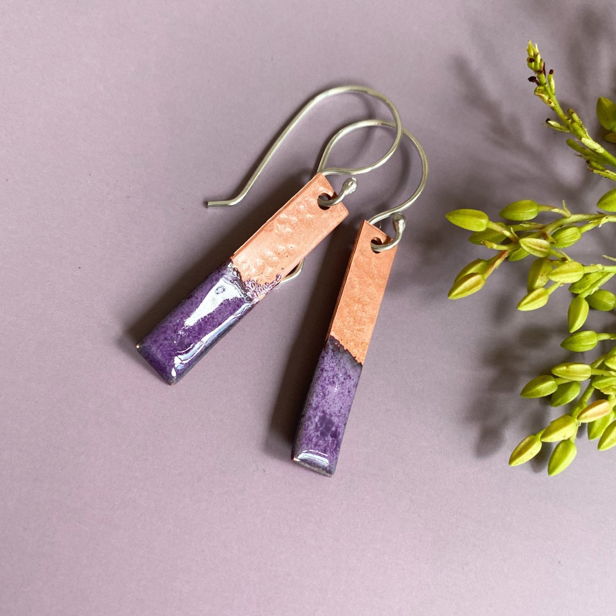 Two Tone Copper Enamel Drop Earrings - Purple - MaisyPlum