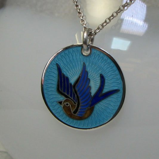 Swallow of hope vitreous enamelled sterling silver round pendant 26mm & earrings