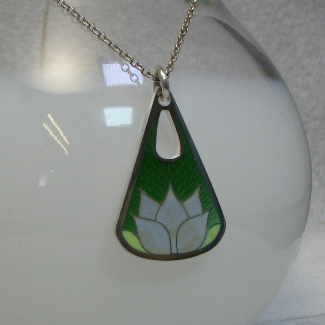 Vitreous enamel lotus flower pendant sterling silver