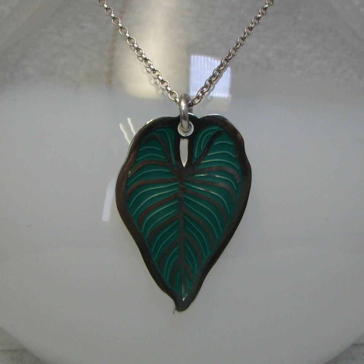 rubber plant leaf inspired vitreous glass enamel pendant