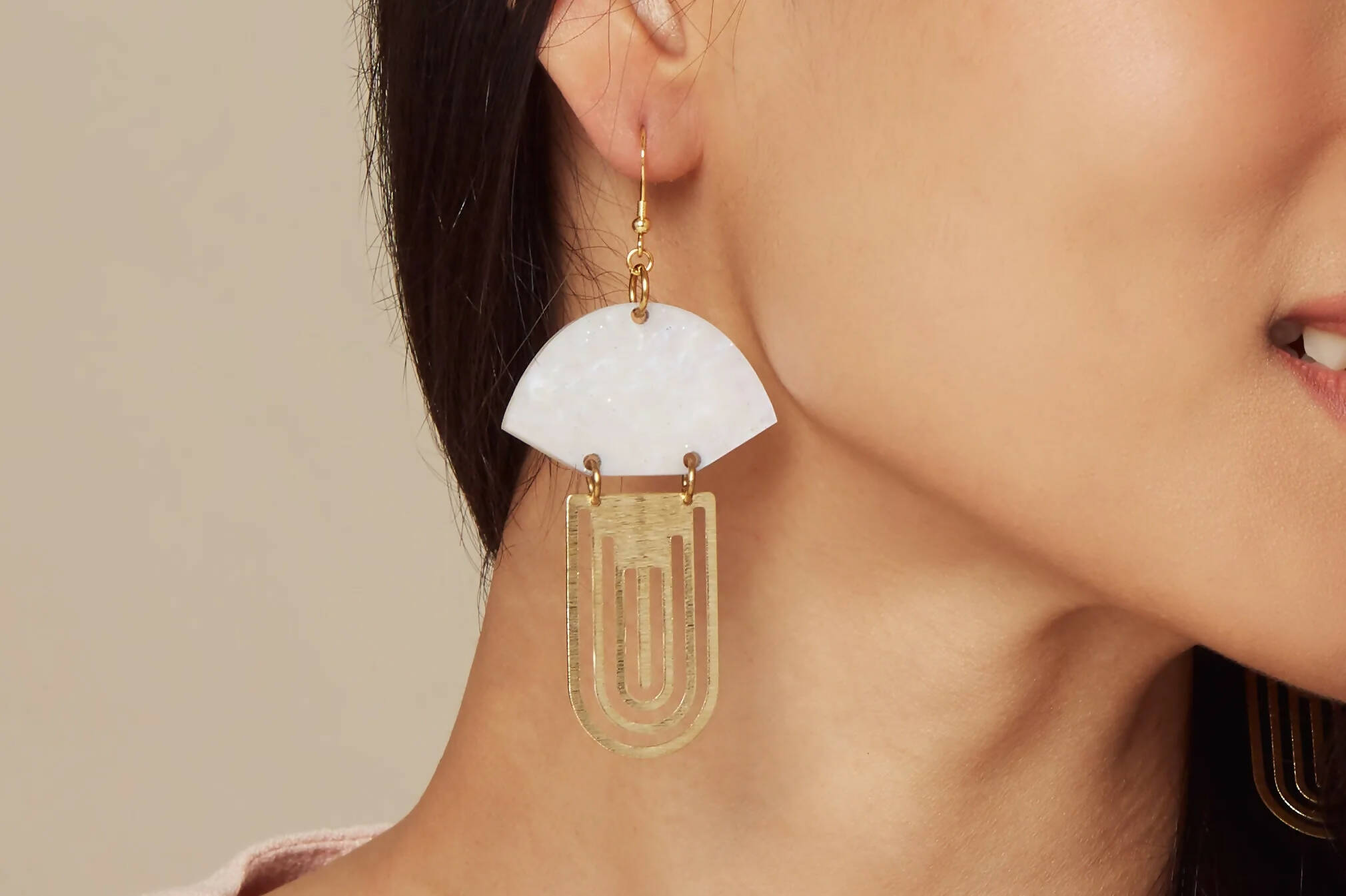 White Pearly, Portoro Black & Jade Brass Art deco acrylic gold vermeil Fan Drop Earrings