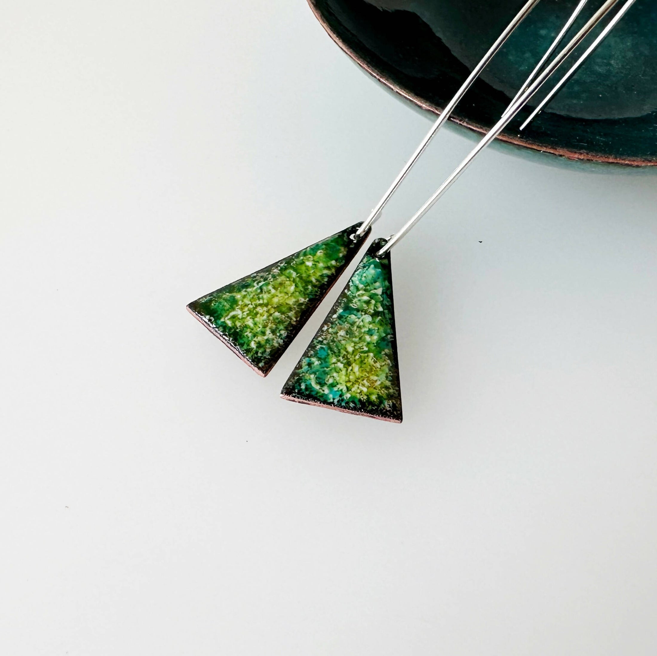 Green Triangle Enamel Drop Earrings