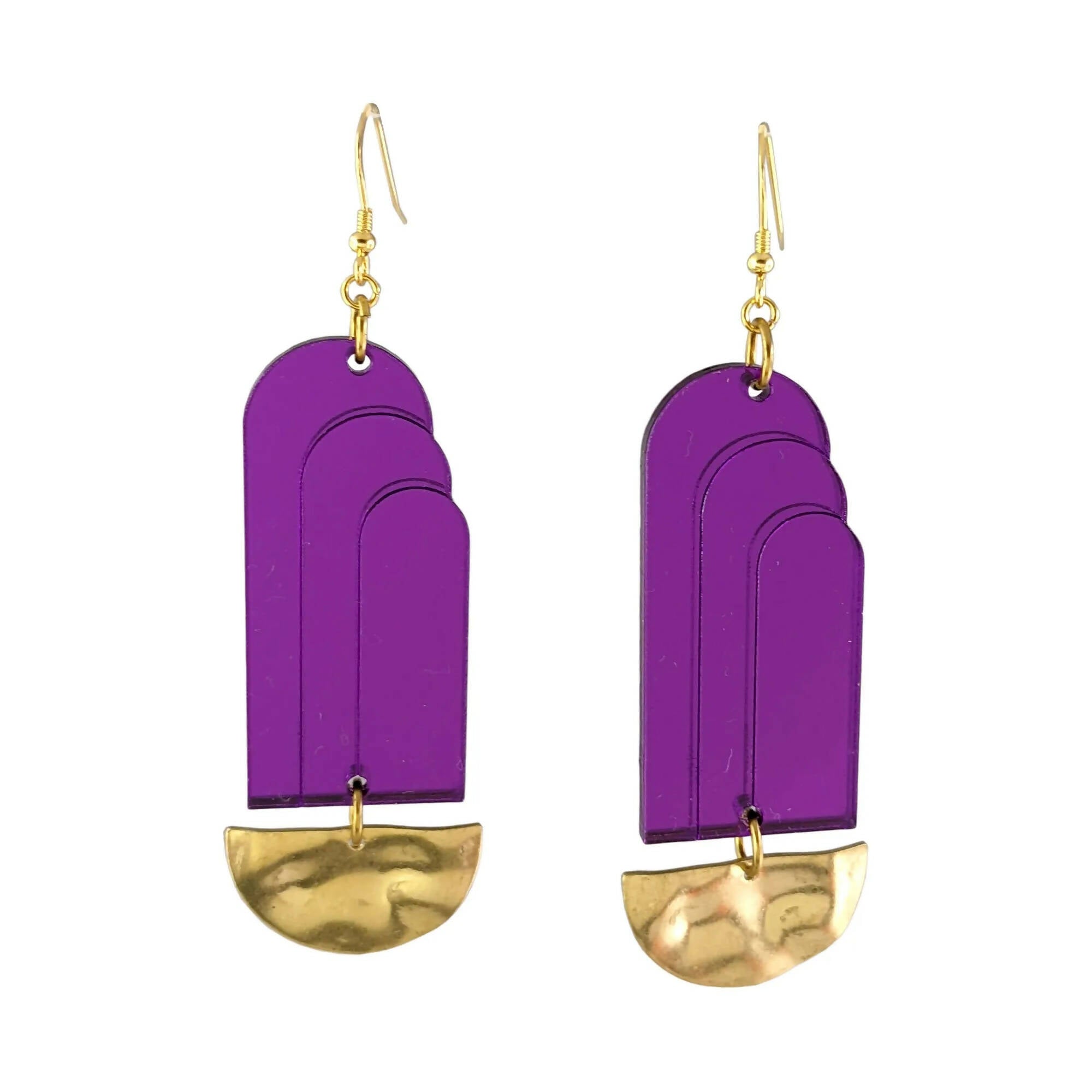 Art deco Green, Blue and Purple fountain acrylic earrings with brass base